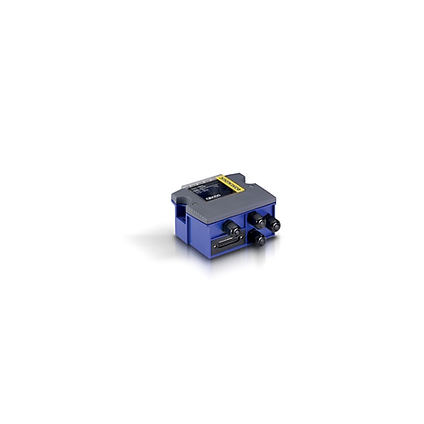 Blau-graues elektronisches Gerät, gelber Aufkleber, schwarze Stecker, Seitenansicht.