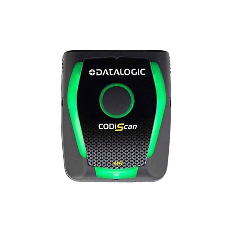 Scanner de codes-barres Datalogic, noir et gris. Inscription : CODIscan. Lumière verte.