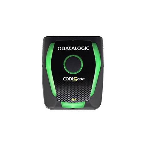 Ein schwarzer Barcode-Scanner mit grünen Akzenten, Marke Datalogic. Das Gerät hat einen kreisförmigen Knopf und den Schriftzug CODIscan.