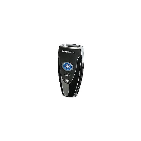 Scanner de codes-barres noir avec un bouton bleu et un symbole Bluetooth.