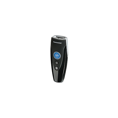 Scanner de codes-barres noir avec bouton bleu et accent blanc. Le logo 'DATALOGIC' est visible.