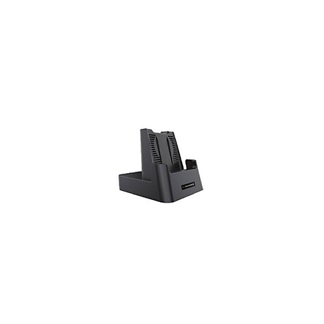 Station de recharge noir pour un appareil mobile. Il est doté d'un support vertical et d'une base rectangulaire.