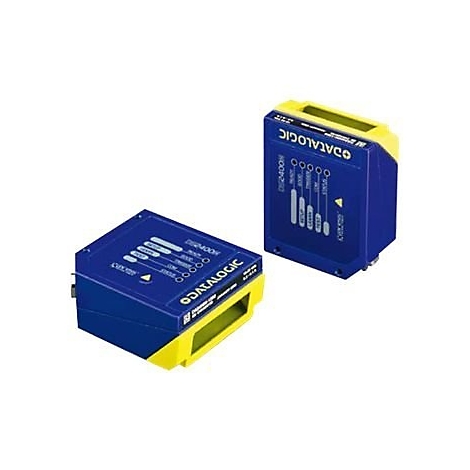 Deux capteurs Datalogic bleus et jaunes, avec indicateurs et marquages.