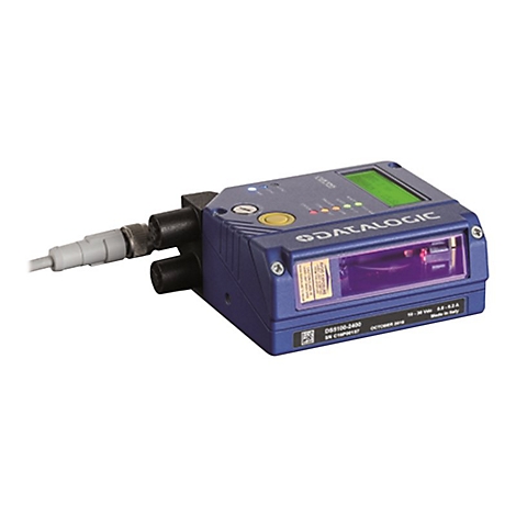 Blaues Datalogic-Gerät mit LCD-Display und angeschlossenem Kabel.