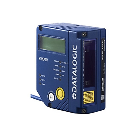 Blaues Datalogic-Gerät mit LCD-Anzeige, Tasten und Beschriftungen. Text: 'READY', 'GOOD', 'TRIGGER', 'COM', 'STATUS'.