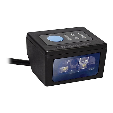 Scanner de code-barres noir avec bouton bleu, voyants et câble.