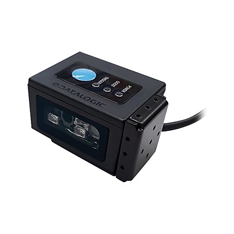 Schwarzer Barcodescanner mit blauem Knopf. Aufschrift: DATALOGIC, TRIGGER, GOOD, POWER.