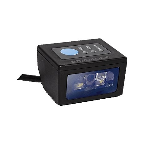 Schwarzer Barcode-Scanner mit blauem Knopf und LED-Lichtern.