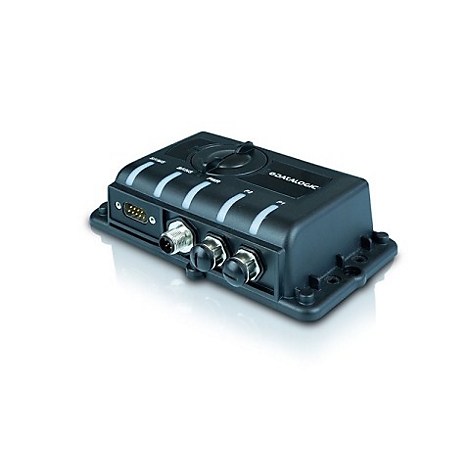 Schwarzes elektronisches Gerät mit Anschlüssen und Anzeigen, beschriftet mit 'DATALOGIC'.