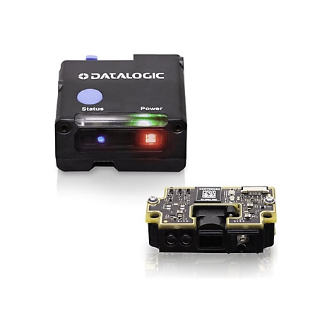 Appareil Datalogic noir avec indicateurs d'état et d'alimentation, avec une carte de circuit imprimé en dessous.