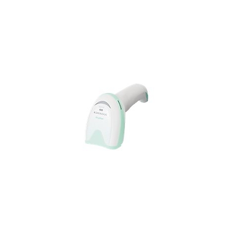 WeiÃŸ-mintfarbener Barcodescanner von Datalogic. Er hat einen Griff und einen Lesekopf mit Logo.