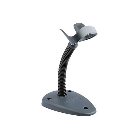 Support de scanner de code-barres gris avec bras flexible. Un support de scanner incurvé repose sur une base ovale.