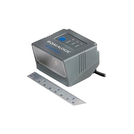 Scanner de codes-barres gris avec règle. Le scanner porte l'inscription "DATALOGIC Gryphon". Des voyants de contrôle se trouvent sur le dessus.