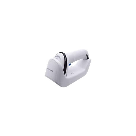 Appareil blanc avec poignée et socle de chargement, détail bleu. Inscription: DATALOGIC.