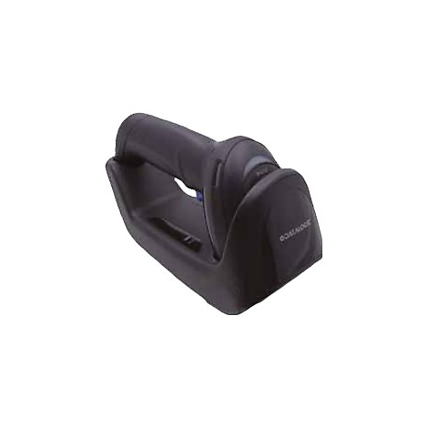 Scanner de code-barres noir dans une station de charge sur fond blanc.