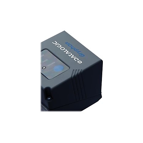 Detailaufnahme eines schwarzen Barcode-Scanners, mit Aufschrift Datalogic und Gryphon, blauer Knopf.