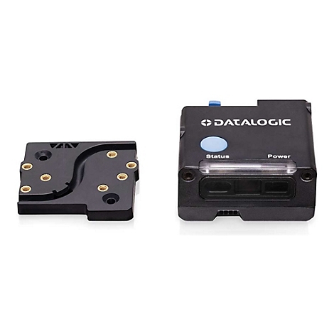 Schwarzes Datalogic-Gerät mit blauer Taste und Gehäuse. Daneben ein schwarzer Halter mit Schrauben.
