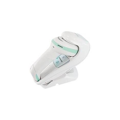 Scanner blanc et vert avec support. Forme arrondie, panneau de commande et logo Datelogic visibles.