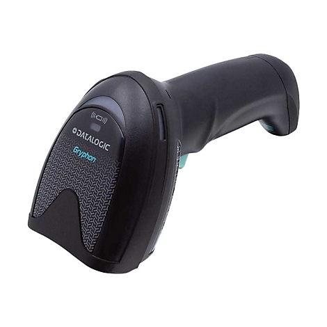 Schwarzer Barcode-Scanner mit Datalogic-Logo und Gryphon-Schriftzug. Das Gerät ist vor weißem Hintergrund abgebildet.