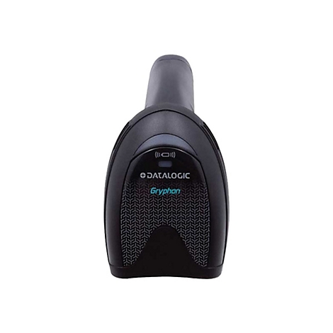 Schwarzer Barcodescanner, vorne: Logo DATALOGIC, darunter Gryphon, Muster. Oben: Anzeige. Weißer Hintergrund.