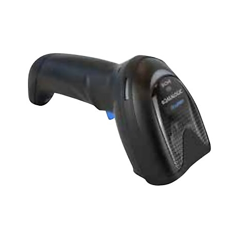 Scanner de codes-barres noir avec bouton de déclenchement bleu. Le scanner a un design ergonomique et le logo de l'entreprise.