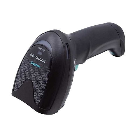Schwarzer Barcode-Scanner von Datalogic, Modell Gryphon, auf weißem Hintergrund.