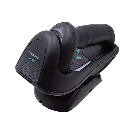 Schwarzer Barcode-Scanner in Ladestation. Aufschrift: Datalogic Gryphon. Blauer Knopf.