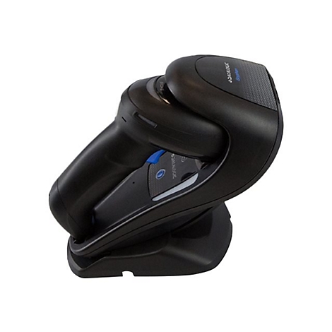 Ein schwarzer Barcodescanner in einer Ladestation, mit blauem Knopf und Firmenlogo.