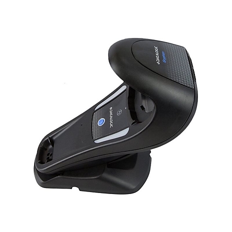 Ein schwarzer Barcode-Scanner mit der Aufschrift DATALOGIC. Der Scanner steht auf einer Basis.