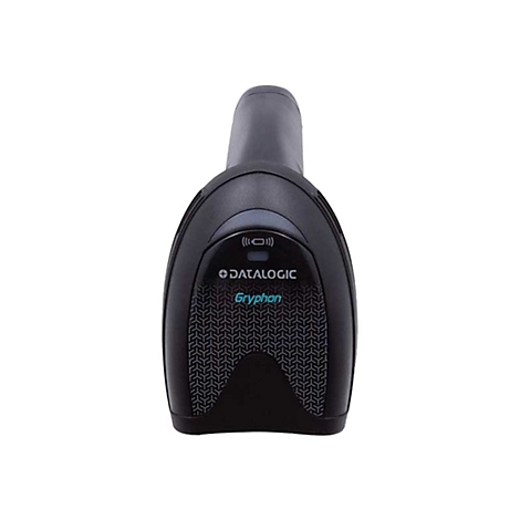 Ein schwarzer Barcode-Scanner mit Griff. Auf dem Scanner steht DATALOGIC Gryphon.