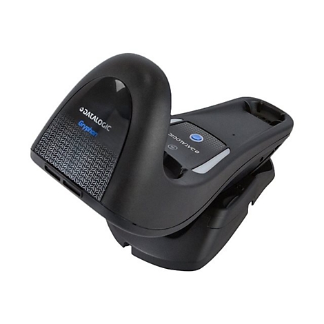 Schwarzer Barcodescanner mit Logo. Auf Ladestation.