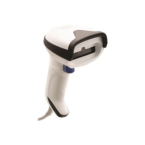 Ein weiß-schwarzer Barcode-Scanner mit blauem Knopf und Kabel.