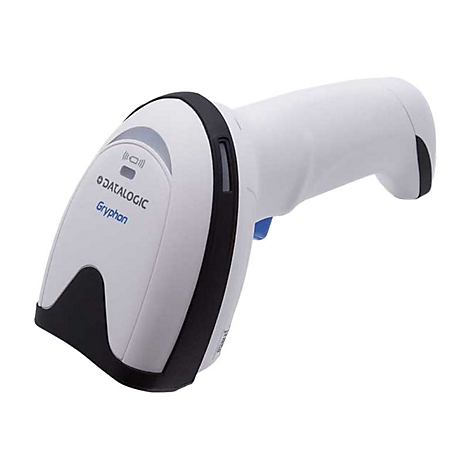 Weißer Datalogic Gryphon Barcodescanner vor weißem Hintergrund mit blauem Auslöser.