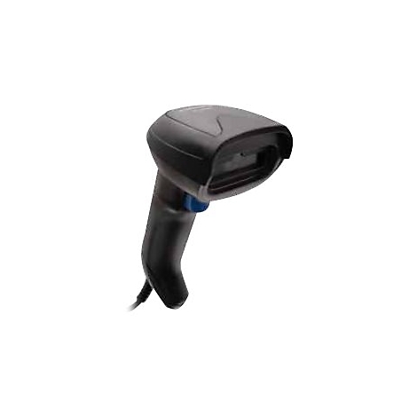 Schwarzer Barcode-Scanner mit Griff, blauem Knopf und Kabel, vor weißem Hintergrund.