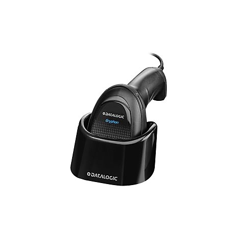 Scanner de codes-barres noir dans sa base de chargement, sur fond blanc. Le scanner est étiqueté "DATALOGIC Gryphon".