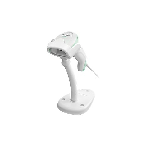 Scanner de codes-barres blanc avec des accents vert clair reposant sur un support blanc.