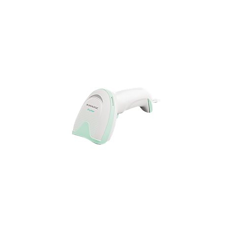 Ein weiÃŸer Barcodescanner mit grÃ¼nen Akzenten. Der Griff ist ergonomisch geformt.