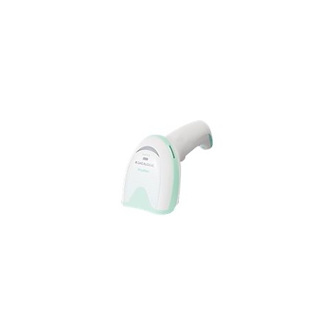Ein weiÃŸ-mintfarbener Barcodescanner mit Griff, der leicht schrÃ¤g gehalten wird. Der Scanner hat das Logo Datalogic.