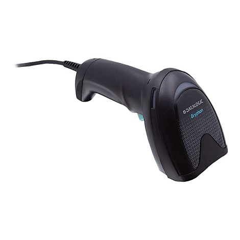 Scanner de codes-barres noir avec câble sur fond blanc. Le scanner a une poignée et un bouton de déclenchement.