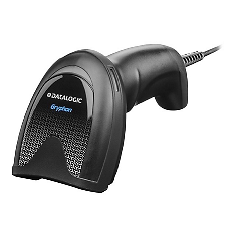 Scanner de code-barres noir, marque "Datalogic Gryphon". La poignée est inclinée, le câble est connecté.