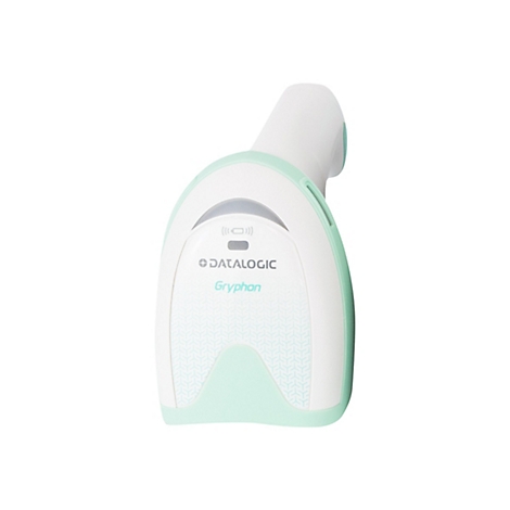 Un lecteur de codes-barres blanc et vert menthe isolé sur fond blanc. L'avant comporte le logo Datalogic et le mot "Gryphon".