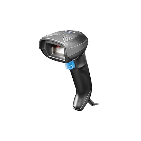 Scanner de codes-barres noir avec bouton bleu et faisceau lumineux rouge. Sur fond blanc.