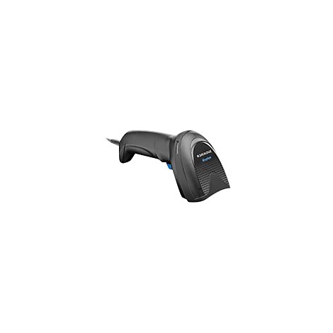 Scanner de code-barres noir, gâchette bleue sur la poignée, câble à gauche.
