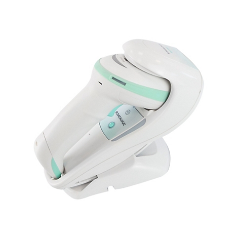 Scanner portable blanc et ergonomique avec des accents vert menthe. Un élément plus petit et incliné affiche "DATALOGIC".