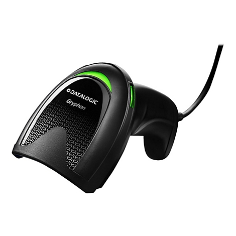 Scanner de code-barres noir avec élément lumineux vert. Texte 'DATALOGIC Gryphon'. Câble noir.