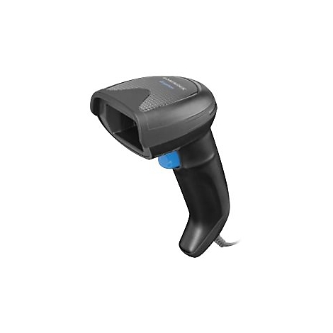 Scanner de codes-barres noir avec bouton bleu, vue en diagonale. Connexion par câble en bas à droite.