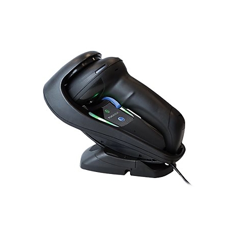 Schwarzer Barcode-Scanner in Ladestation, mit blauen und grÃ¼nen Akzenten. Ein Kabel ist angeschlossen.