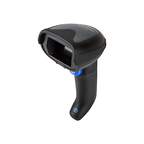 Schwarzer Barcodescanner mit blauem Knopf. Der Scanner ist vor weiÃŸem Hintergrund.