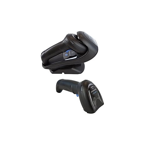 Zwei schwarze Barcode-Scanner, einer in einer Ladestation, einer daneben. Blauer Knopf, grauer Hintergrund.
