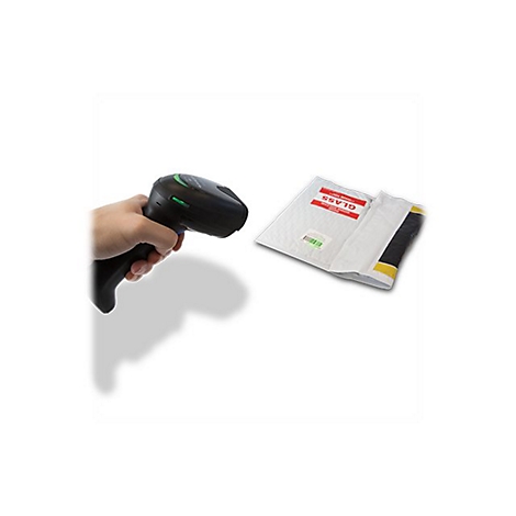 Hand hÃ¤lt Scanner. Scanner liest Barcode auf einem Paket. Auf dem Paket steht: GLASS.